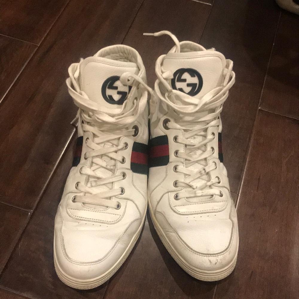 White Gucci’s with red green stripe